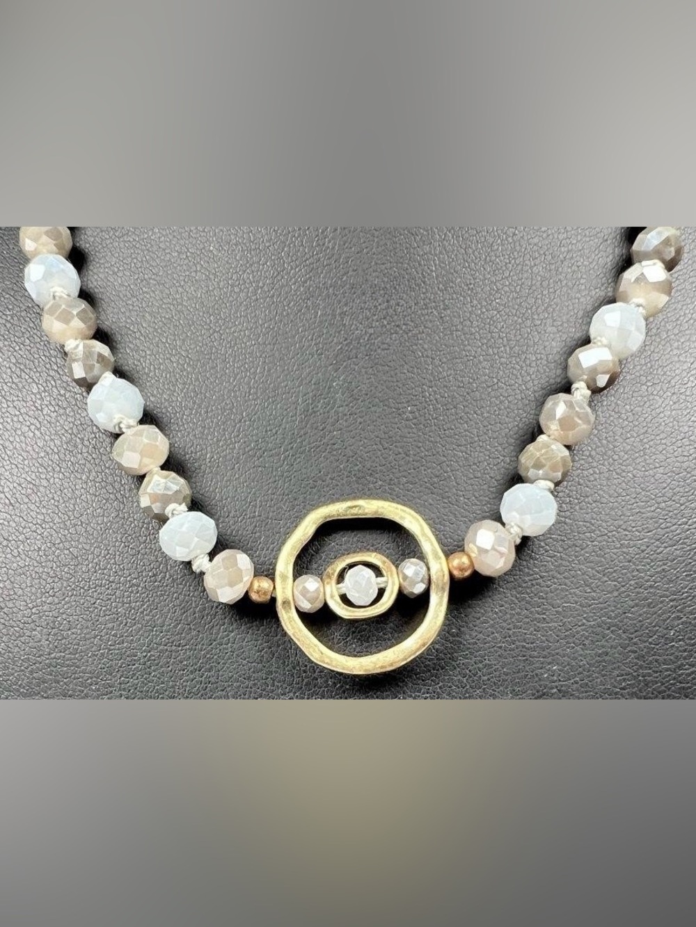 Jane Marie Hammered Gold Circle Necklace w White, Blue & Grey Faceted Beads